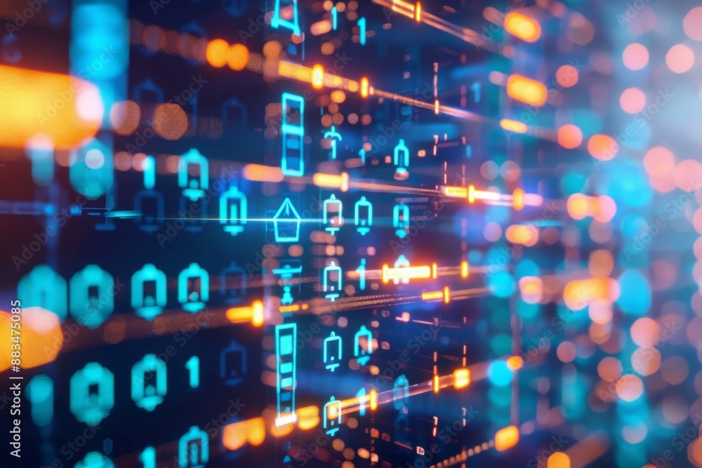 Poster abstract digital background with glowing blue and orange icons. futuristic technology and data visua