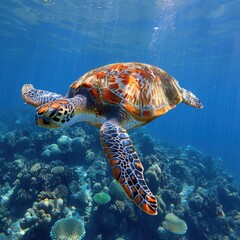 Obraz premium Majestic Sea Turtle Gliding Gracefully Over Vibrant Coral Reef in Crystal Clear Ocean Waters during a Sunlit Underwater Adventure