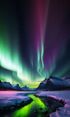 Beautiful aurora borealis northern lights in the sky over mountains