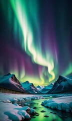 Beautiful aurora borealis northern lights in the sky over mountains