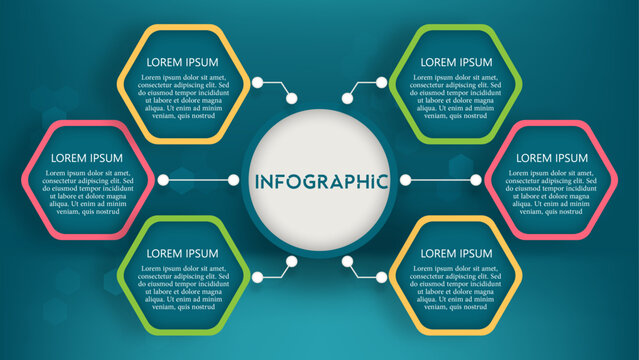 Infographic Design: Central Circle with Title Connected to Three Hexagons on Each Side
