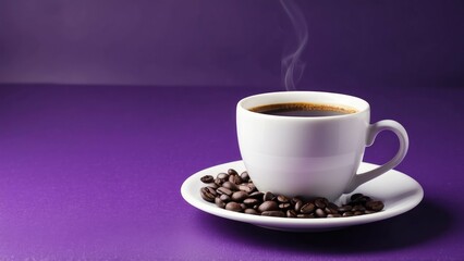 White coffee cup with beans on a purple background, perfect for coffee concepts