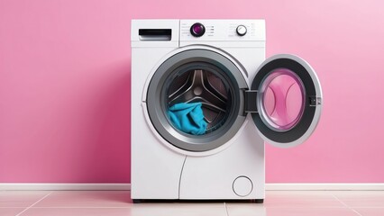 Fototapeta premium Front load washing machine against a pink background, ideal for laundry and household chores