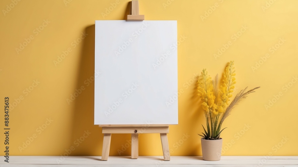 Poster an empty white canvas on an easel with a yellow background, perfect for art and creativity concepts