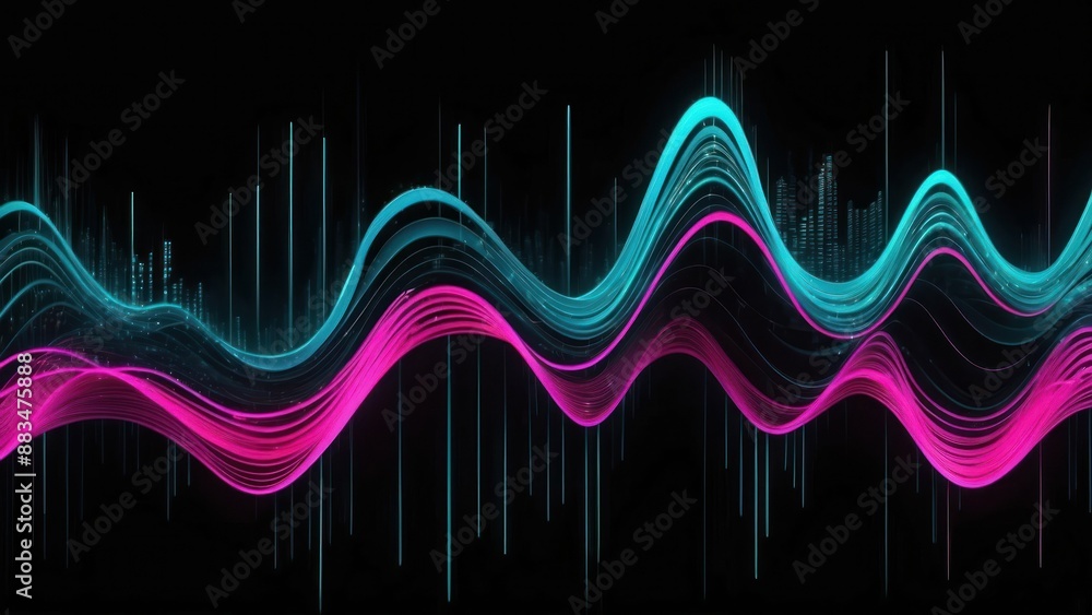 Poster turquoise and neon pink futuristic data streams undulating in a mesmerizing digital wave