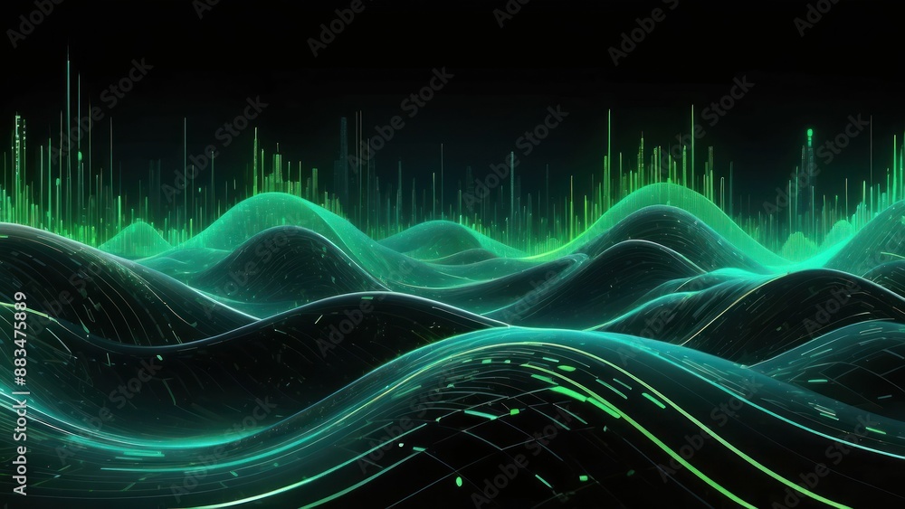 Poster teal and neon green futuristic data waves shimmering in binary pattern, abstract digital art