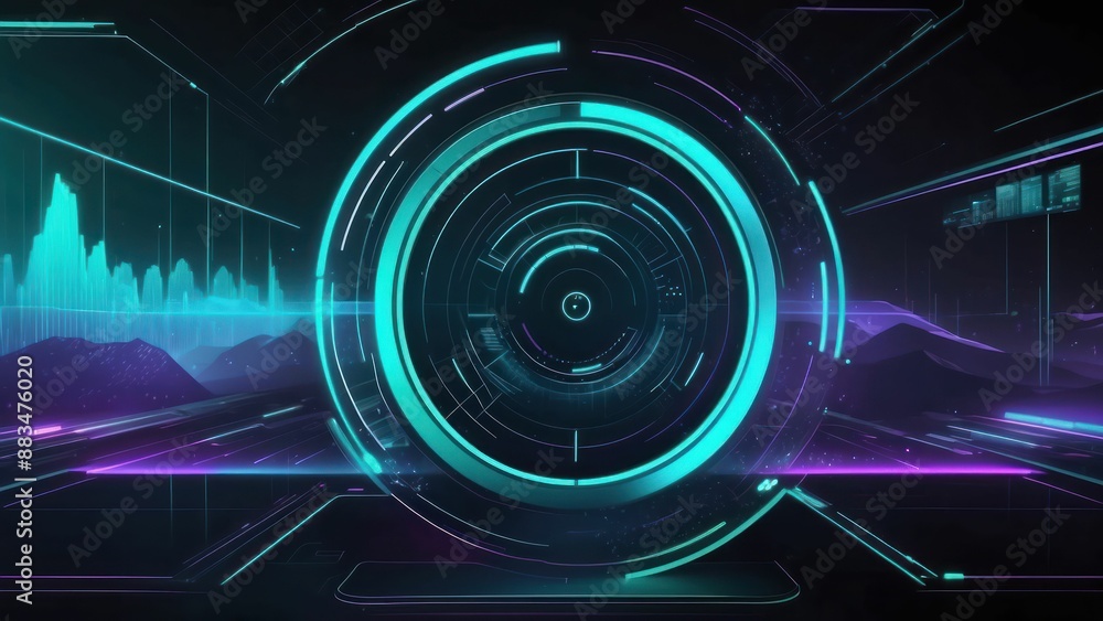 Poster futuristic tech hud display with holographic overlays and neon blue circular patterns