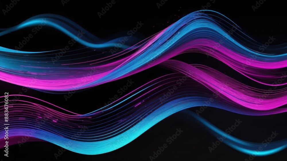 Poster magenta and electric blue futuristic data waves pulsating in an abstract digital space