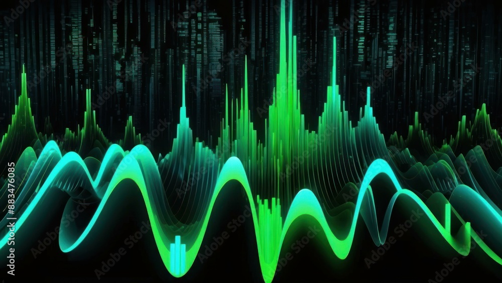 Poster futuristic binary waveforms cascading in neon blue and green hues