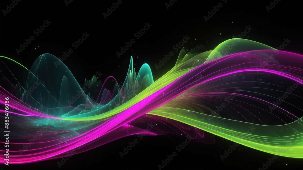 Poster magenta and lime green futuristic energy waves pulsating in a flow of digital data