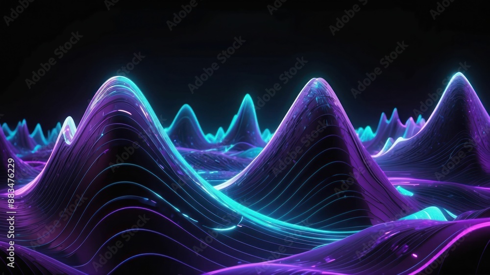 Poster blue and purple ai waves pulsing in a binary digital futuristic style