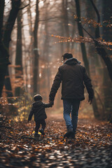 Fototapeta premium Father and child walking in a misty autumn forest, symbolizing connection and exploration.