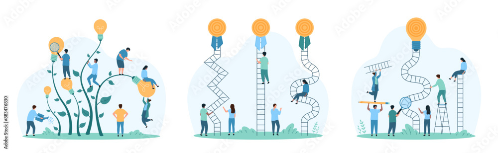 Poster simplicity in solutions, solving problems set. tiny people climb stairs to goal hard and easy way, r