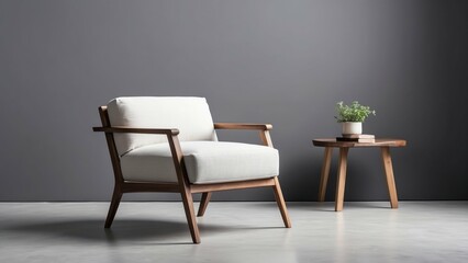 Minimalist wooden armchair on gray background, perfect for modern, serene interiors