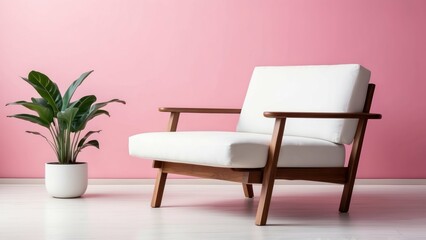 Minimalist wooden armchair with a potted plant against a pink background
