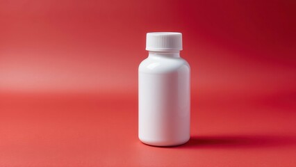 Plain white medicine bottle on a red background, ideal for health and medical themes