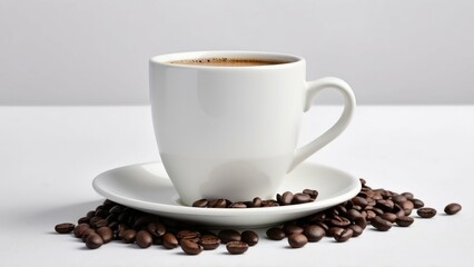 White coffee cup with beans on a plain background, ideal for a simple and clean concept