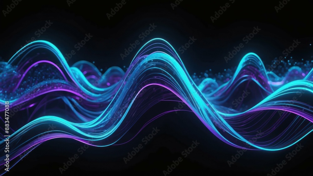 Poster Blue and purple AI waves pulsing in a binary digital futuristic style