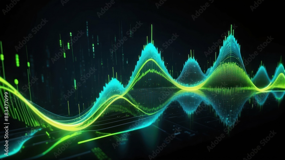 Poster futuristic binary waveforms cascading in neon blue and green hues