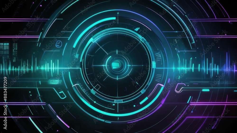 Poster futuristic tech hud display with holographic overlays and neon blue circular patterns