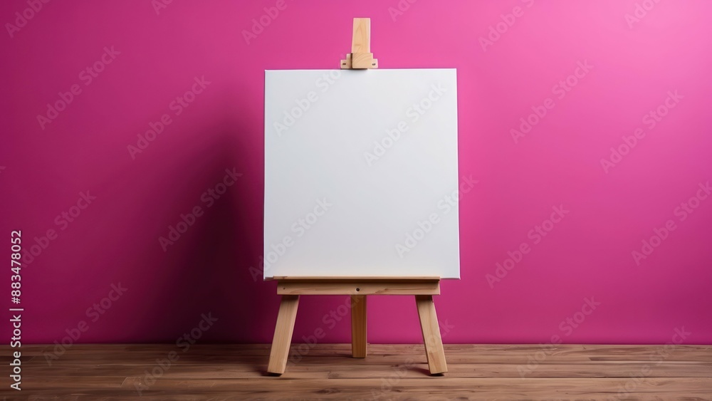 Aufkleber empty white canvas on wooden easel with magenta background in a creative studio setup
