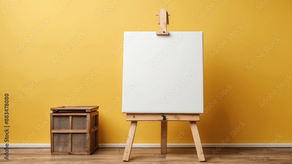 Poster an empty white canvas on an easel with a yellow background, perfect for art and creativity concepts