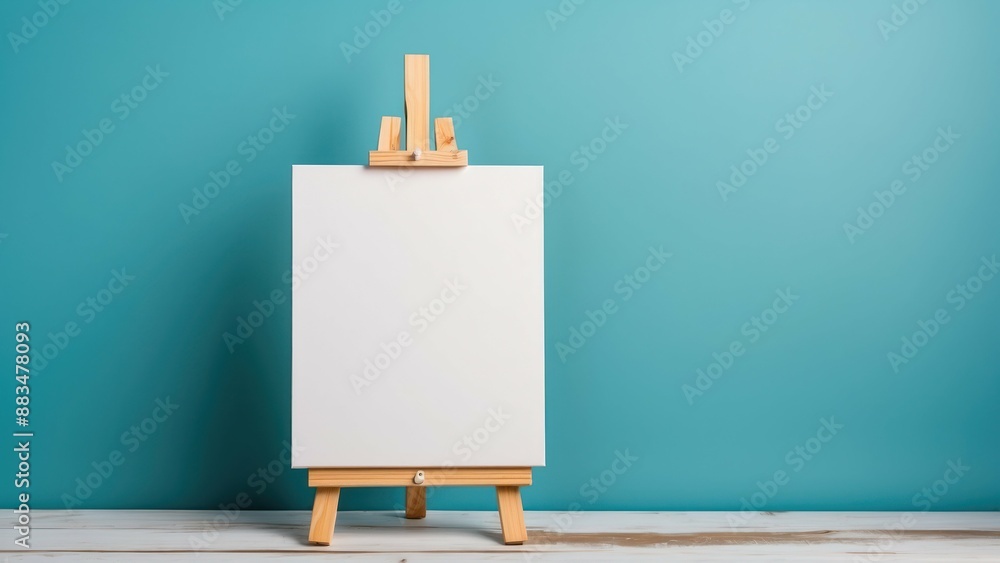 Poster empty white canvas on easel with teal background, perfect for art projects and presentations