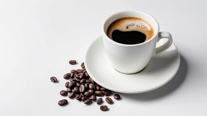 White coffee cup with beans on a plain background, ideal for a simple and clean concept