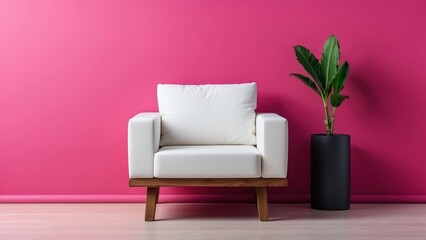 Minimalist wooden armchair with white cushion against a magenta background Modern and stylish