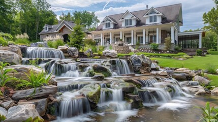 suburban farmhouse with an expansive, multi-tiered backyard complete with waterfalls and a small creek