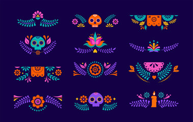 Mexican decorative frames and borders, colorful vector collection. Flowers, paper garlands, skulls corners, borders, frames