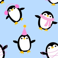 Cartoon festive animals seamless birthday decor and penguin pattern