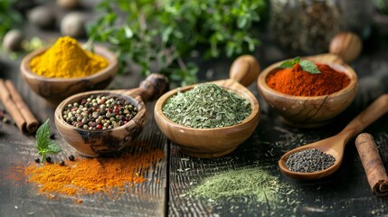 Colorful arrangement various spices wooden bowls turmeric peppercorns richness flavors cooking