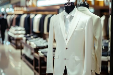 White suit on mannequin in men's clothing store.