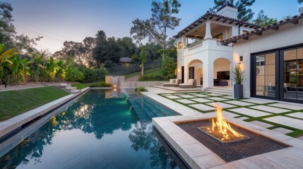 Fototapeta premium The back garden of a Mediterranean-style home with a geometric lap pool and sunken fire pit area, ideal for evening gatherings