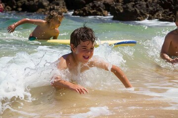 Fototapeta premium Joyful children splashing in a crystal-clear lake, with their parents cheering from a nearby picnic blanket.. Beautiful simple AI generated image in 4K, unique.