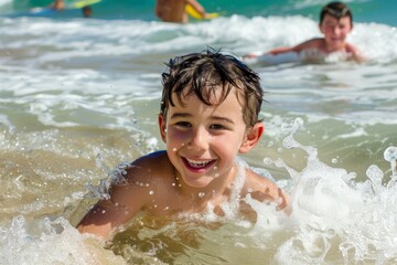 Huge sea waves and happy playful children and adult bathing on summer holidays. Slow-motion low-angle sea-level surface pov. Beautiful simple AI generated image in 4K, unique.