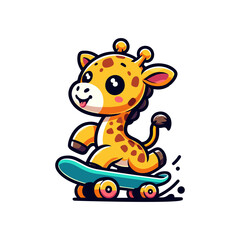 cute giraffe playing skateboard icon character