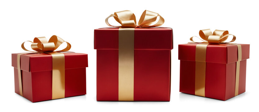 Christmas presents wrapped in red wrapping paper with gold bow, lined up, in row, shiny gold and deep dark red, festive gift boxes
