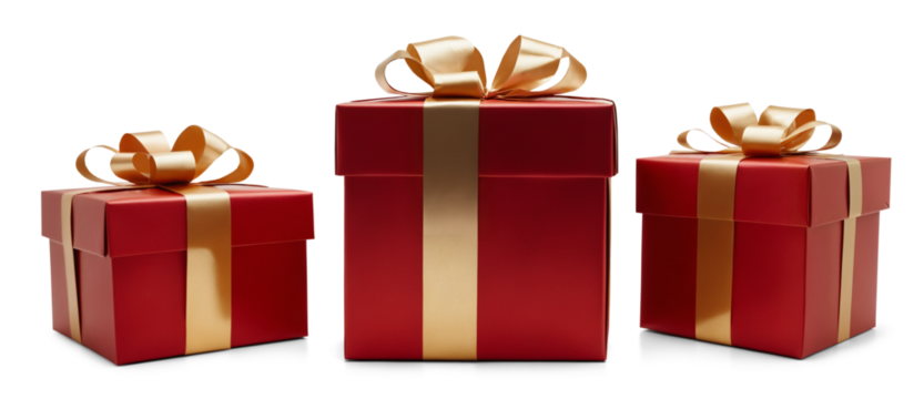 Christmas presents wrapped in red wrapping paper with gold bow, lined up, in row, shiny gold and deep dark red, festive gift boxes

