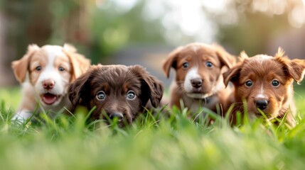 An outdoor scene featuring four adorable puppies of various colors and breeds laying on the grass, looking playfully at the camera with a sunny background.