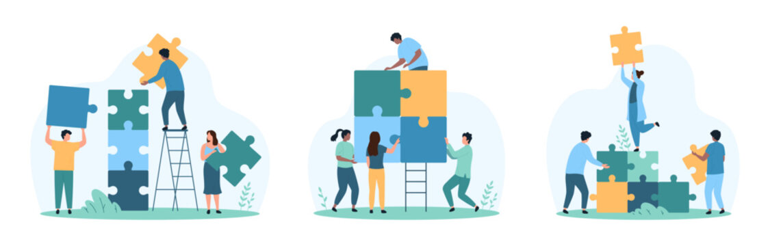 Business cooperation, group challenge, teambuilding set. Tiny people building tower and square shape from jigsaw puzzle pieces together, process of solving problem cartoon vector illustration