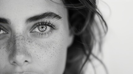 The image shows a blurred human face on the left, with visible hair strands on the right, set against a minimalist black and white background. © Pinklife