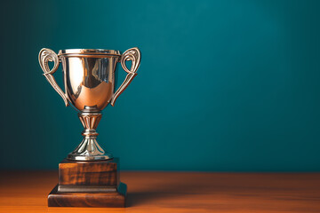 Selective focus close-up of a trophy on wooden table, Gold trophy with bokeh background, Employee of the Month, Employee Appreciation Day, victory winning cup, Golden Trophy For Winner, Game champion