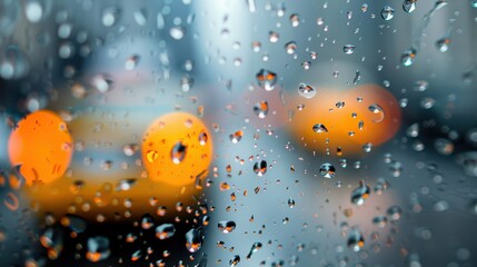 A rain-speckled window with blurred images of taxis passing by, capturing the hustle and bustle of the city in a rainy ambiance, reflecting urban dynamism.