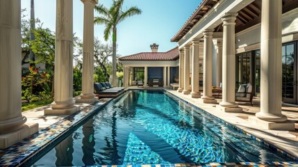 Obraz premium The serene pool area of a Mediterranean home, with a lap pool bordered by columns and a mosaic tile sun deck, perfect for relaxation