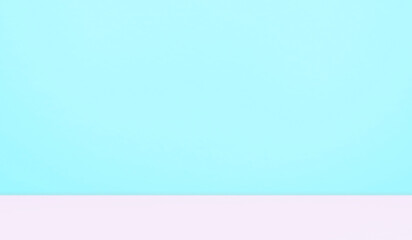 Fototapeta premium Empty kid room with light blue wall and pink floor for product presentation. Pastel design of children play room. Minimal Mock up interior design. 