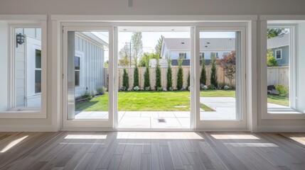 bright and airy suburban farmhouse with large sliding doors that open to a spacious backyard patio