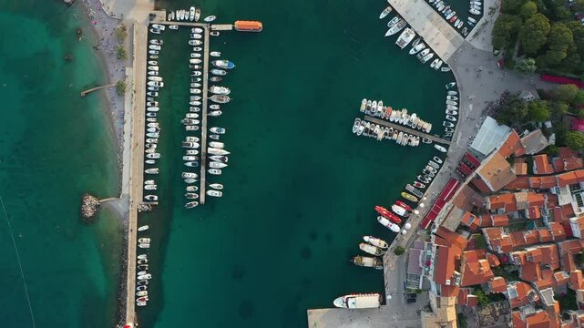 Aerial view of the enchanting town of Krk on the island of Krk in Croatia, captured from a drone.