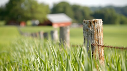 A close-up of a rustic fence post in a grass field, with a blurred red barn in the distance and greenery all around, evoking a sense of rural serenity and simplicity.